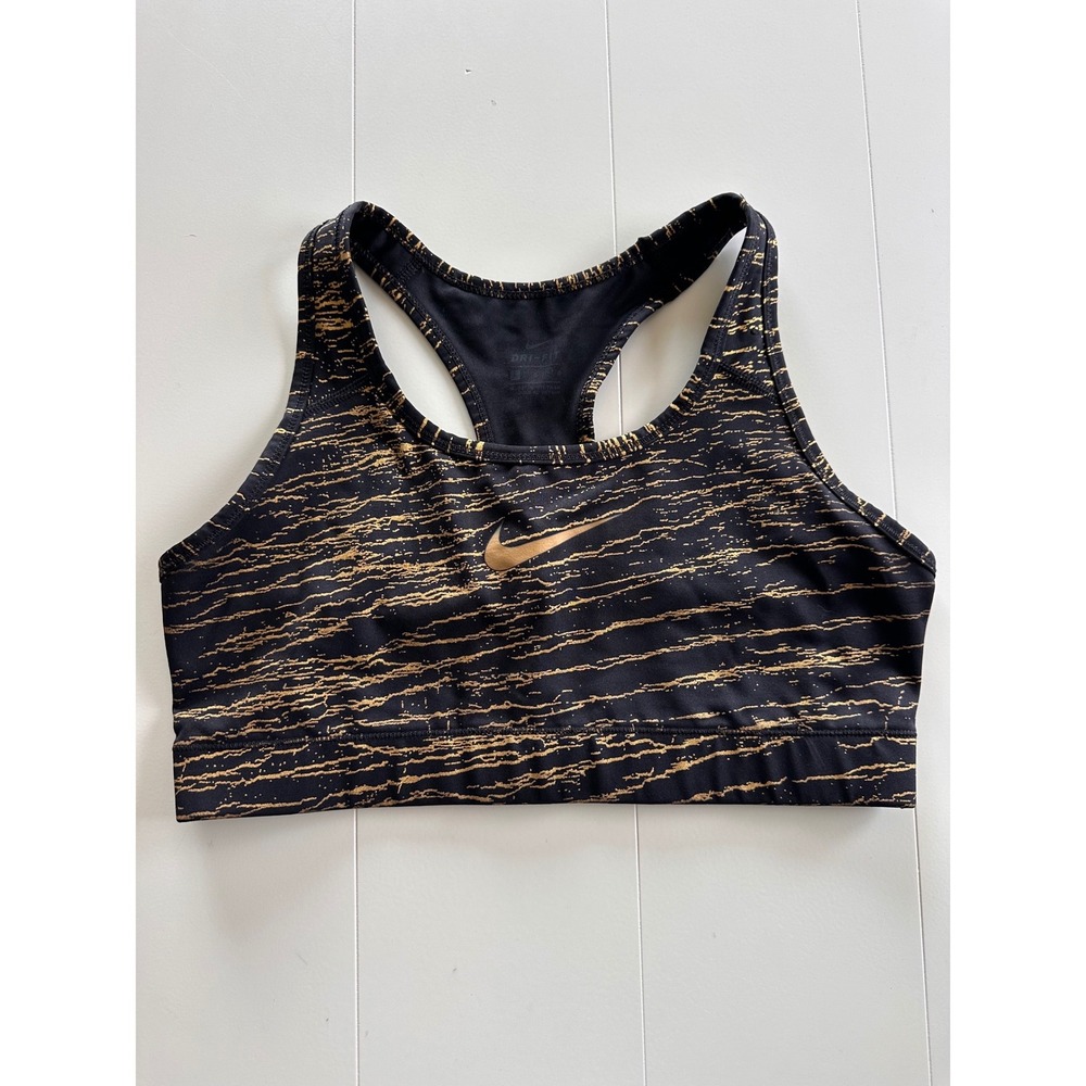 Nike Dri-FIT Sports Bra Black Gold Metallic Streak Racerback Medium Impact L